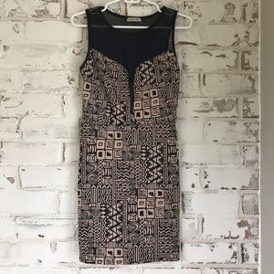 Black and Tan pattern dress, see through neckline